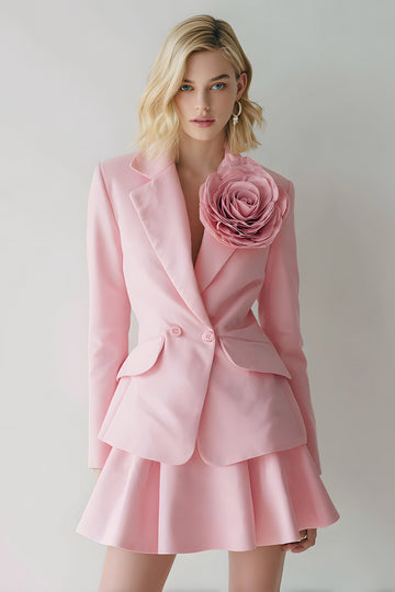 Rosa 2 stycken Satin Notched Kavajslag Kort Business Suits med 3D Blomma